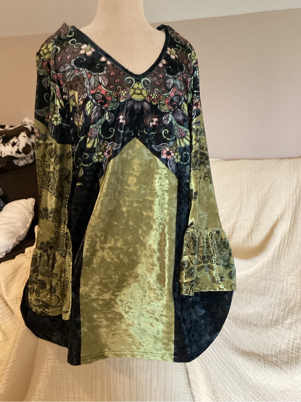 Velvet Panel Mini Dress in Olive Green and Black